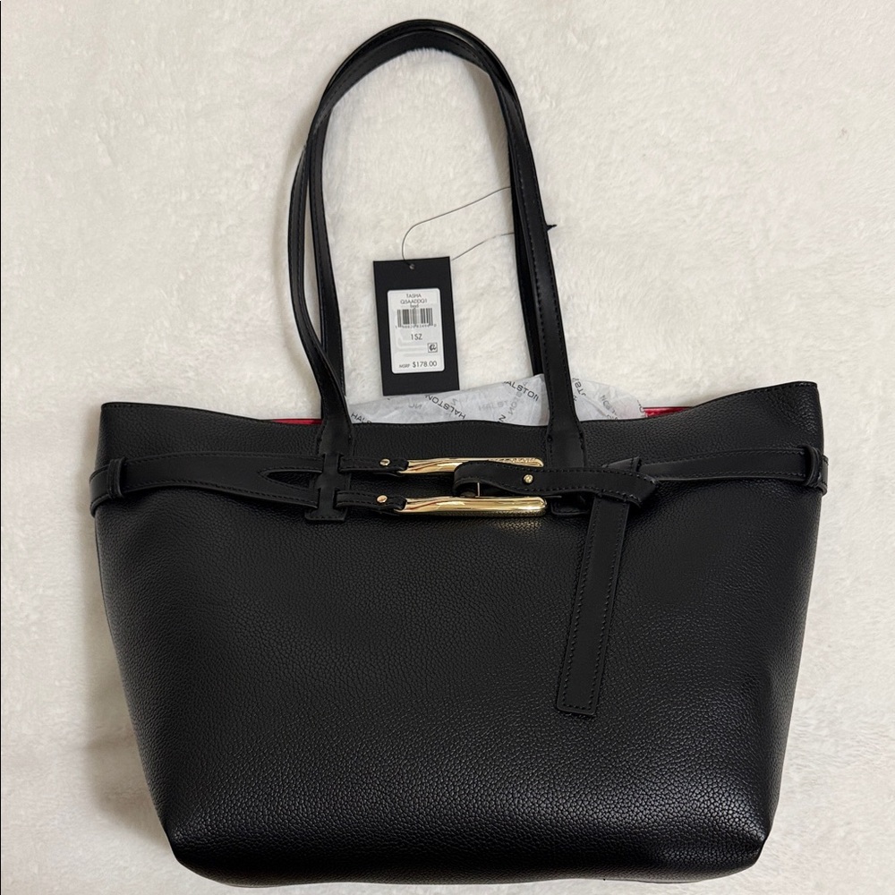 Black Leather Tote Bag with Gold Accent